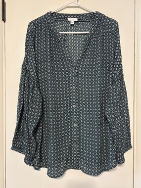 J. Jill Women's Plus L/S Green Floral Medallion Button-Front Shirt Top Blouse 2X